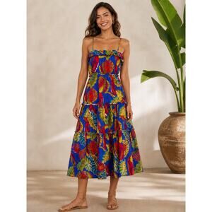FARM Rio Beaks & Bananas Tropical Tiered Midi Dress Cotton Adjustable Straps S